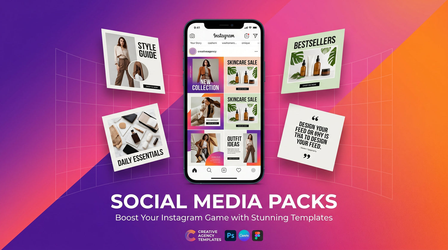 Vibrant gradient background with Instagram and social media post mockups arranged in a 3D floating grid, purple to orange gradient brand colors, modern minimalist design
